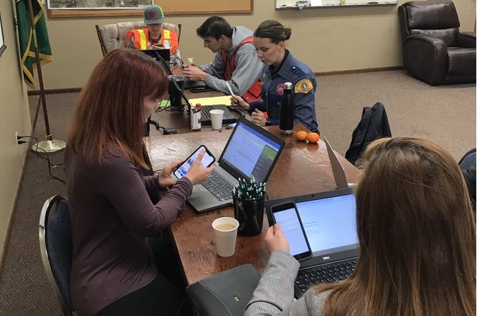 Public Information Officers from different agencies can be seen coordinating information during a joint agency drill (October 16, 2019). Photo: Riley Sweeney via twitter