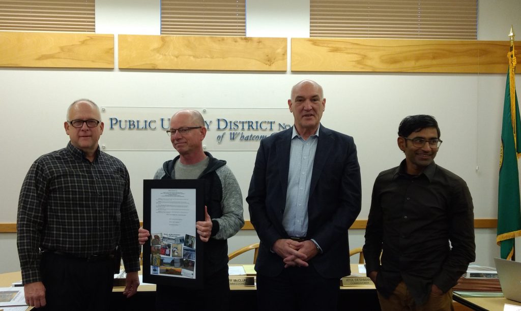 PUD No. 1 Commissioners pose with retiring Fred Disch (l-r Mike Murphy, Fred Disch, Jeff McClure, Atul Deshmane) (October 22, 2019). Photo: My Ferndale News