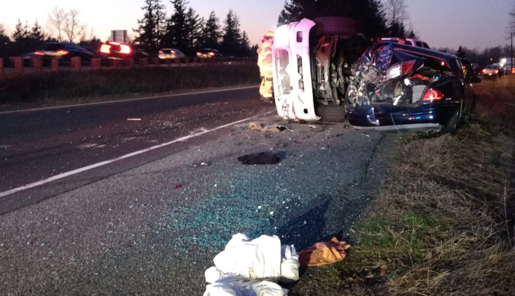 Scene of a 2-vehicle rollover crash on the southbound I-5 off-ramp at Portal Way (November 29, 2019). Photo: My Ferndale News