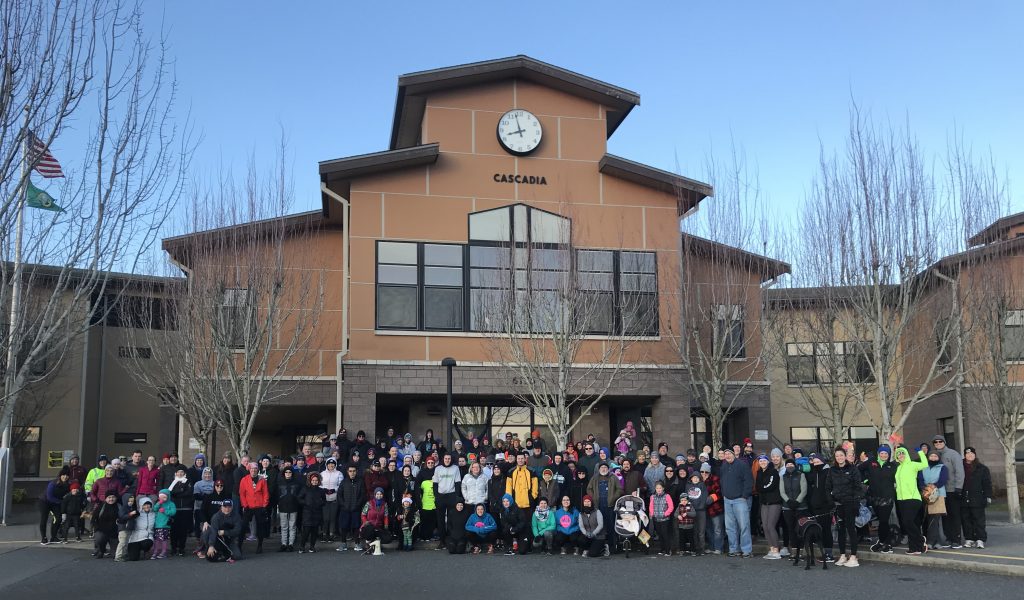 Participants in the 2019 Turkey Trot 5k pose in front of Cascadia Elementary School (November 28, 2019). Photo: Sean Cool