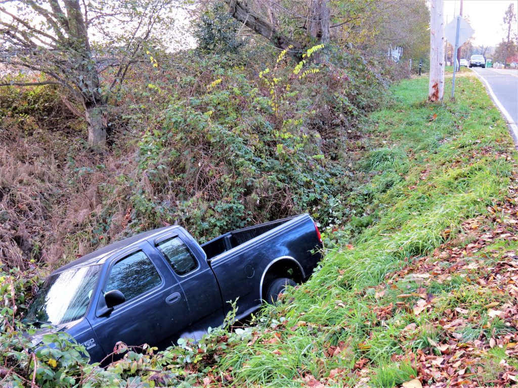 Scene of single-vehicle vs pole crash in the 2300 block of Douglas Road (November 10, 2019). Photo: My Ferndale News