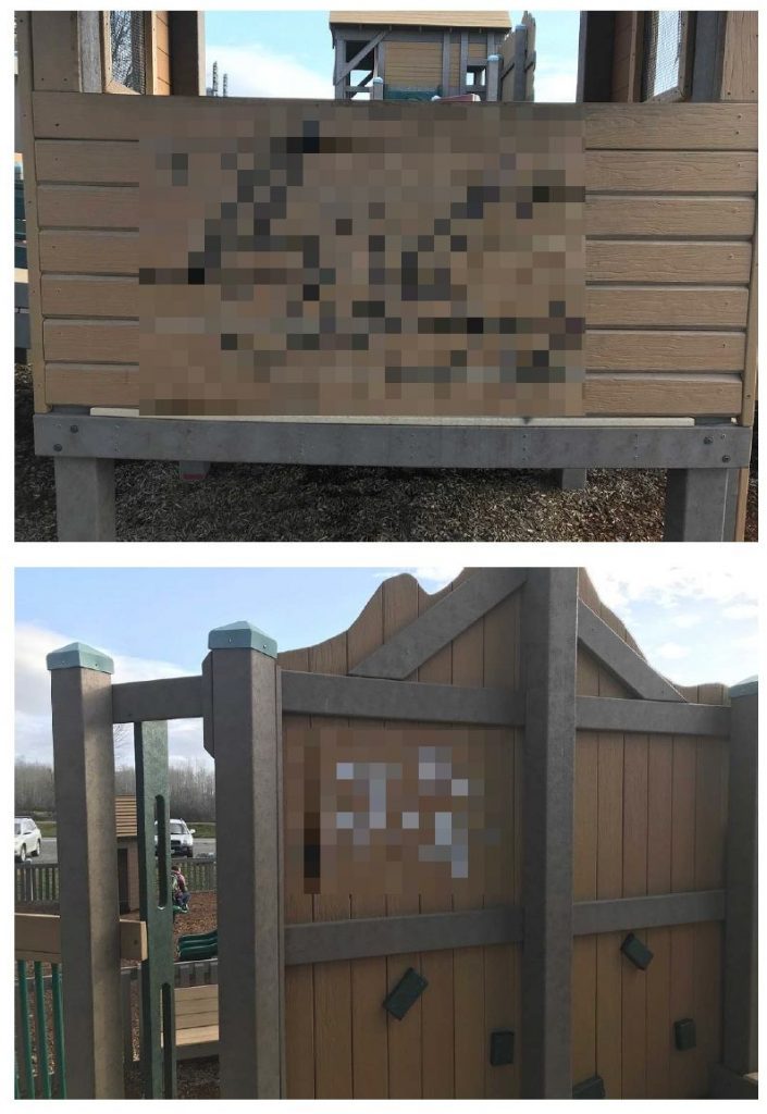 Photos of vandalized Star Park playground equipment (pixelated so as not to promote the vandal(s) tag identity). Photos: City of Ferndale