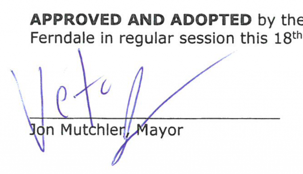 Mayor Jon Mutchler's veto on a property tax ordinance (November 25, 2019). Source: City of Ferndale