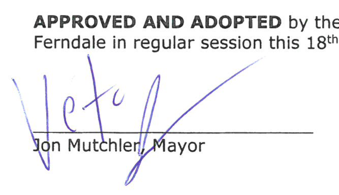 Mayor Jon Mutchler's veto on a property tax ordinance (November 25, 2019). Source: City of Ferndale