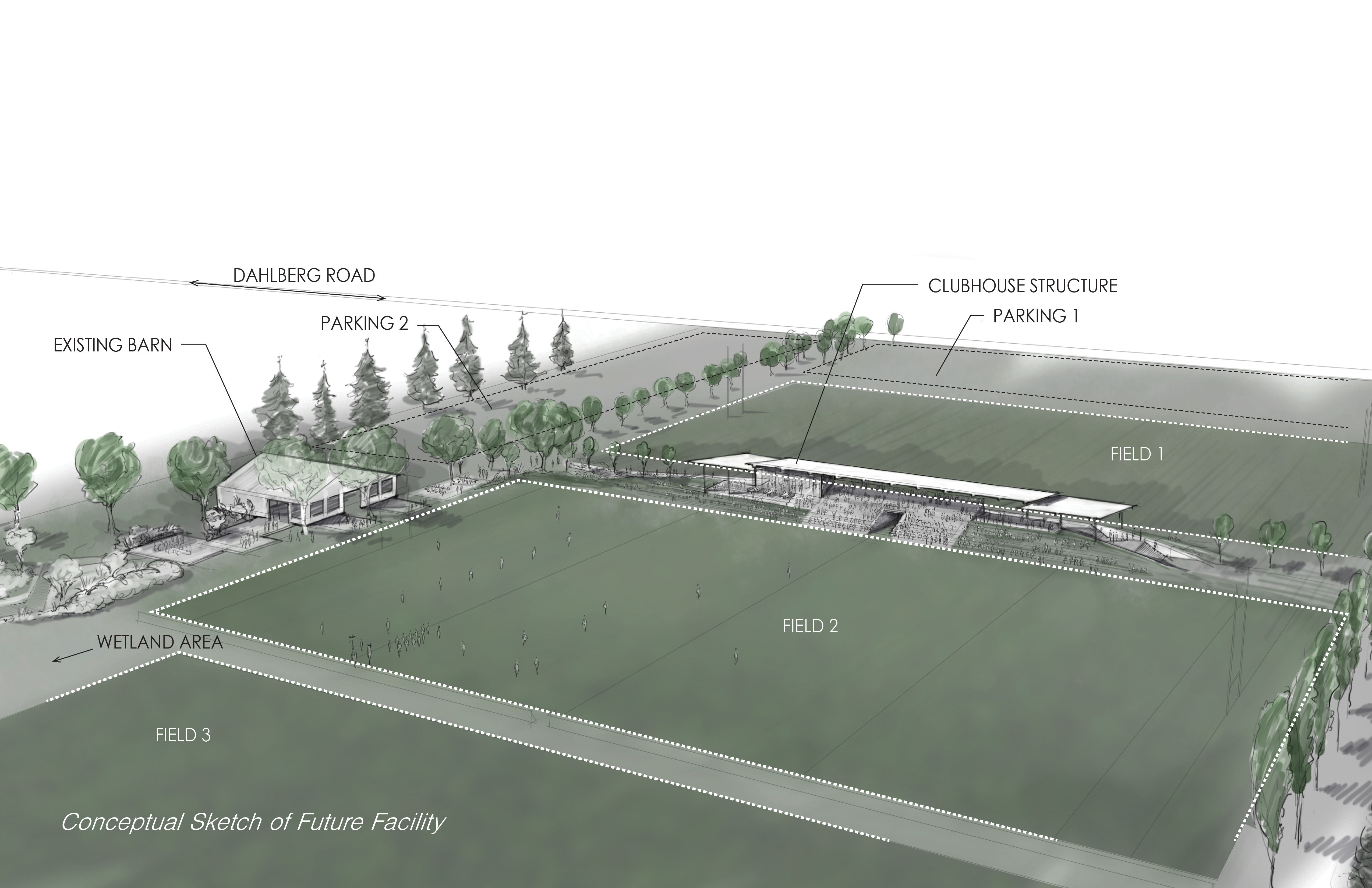 Aerial rendering of upgrades and new clubhouse design at the Chuckanut Bay Rugby Fields. Courtesy of Johnston Architects, Seattle.