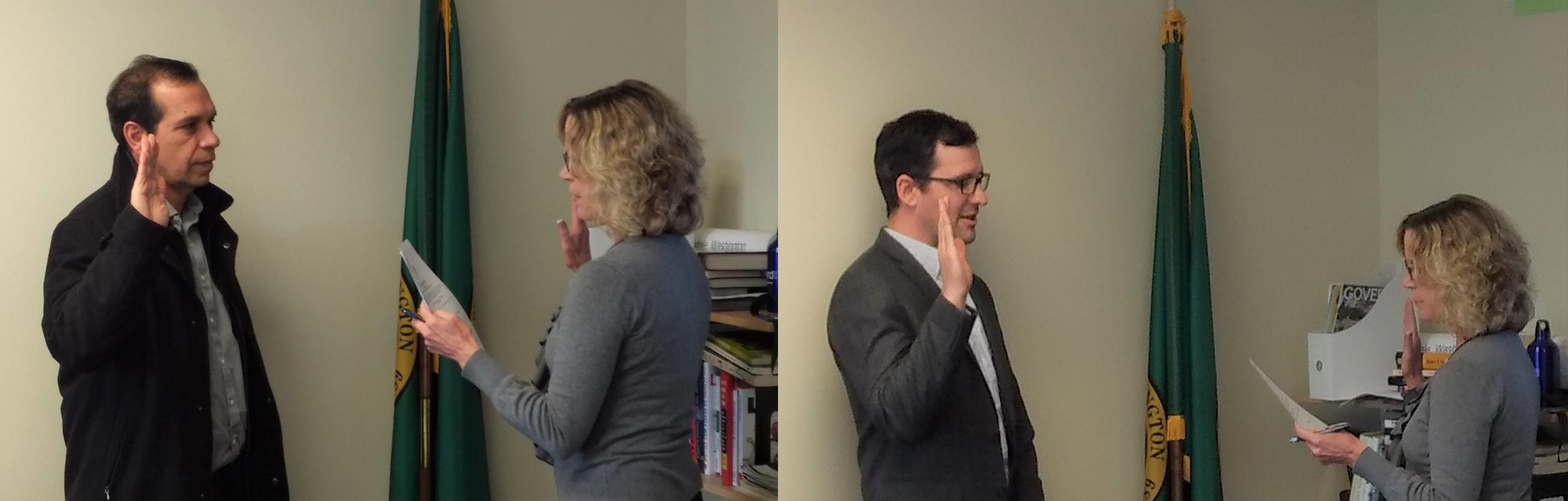 City of Ferndale Clerk Susan Duncan swears in new councilmembers Ramon Llanos (left) and Ryan O'Larey (right) during a special City Council meeting (November 27, 2019). Photos: My Ferndale News