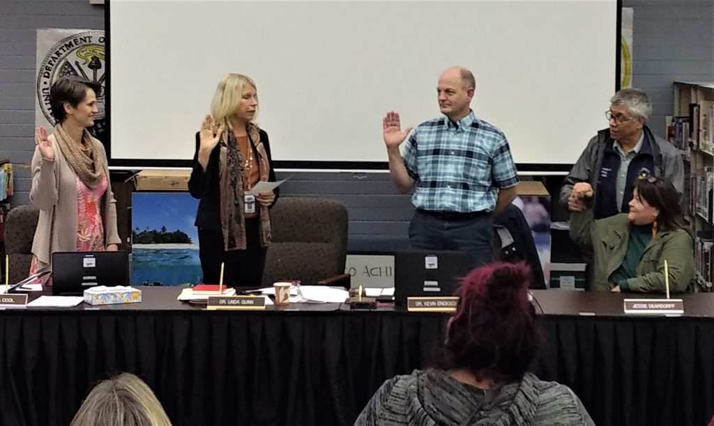Ferndale Superintendent Linda Quinn swears in new and returning Ferndale School Board directors (l-r Melinda Cool, Linda Quinn, Kevin Erickson, Jessie Deardorff) (November 26, 2019). Photo: My Ferndale News