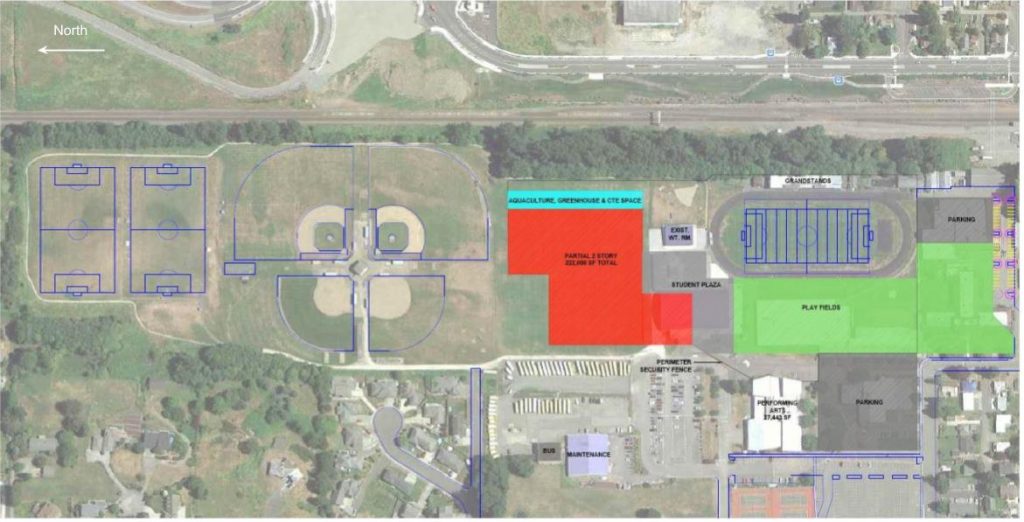 Proposed site plan for Ferndale High School campus after construction of new building. Source: <a href=