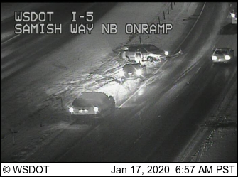 Law enforcement on scene of 2 vehicels in the media on northbound I-5 near the Samish Way exit in south Bellingham (January 17, 2020). Source: WSDOT traffic camera