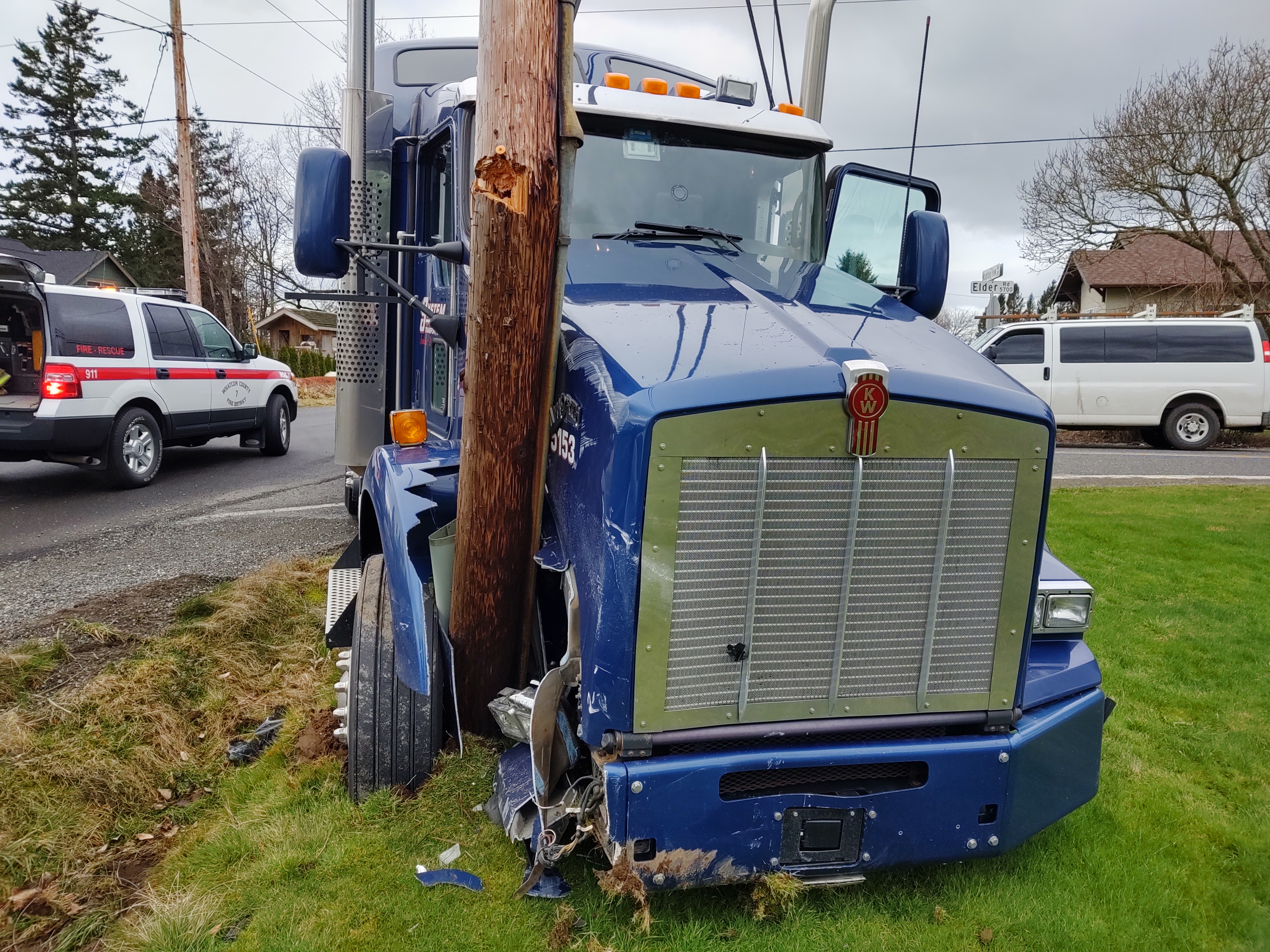 Scene of a semi truck vs Toyota Prius crash at Elder and Mountain View Roads (February 24, 2020). Photo: My Ferndale News