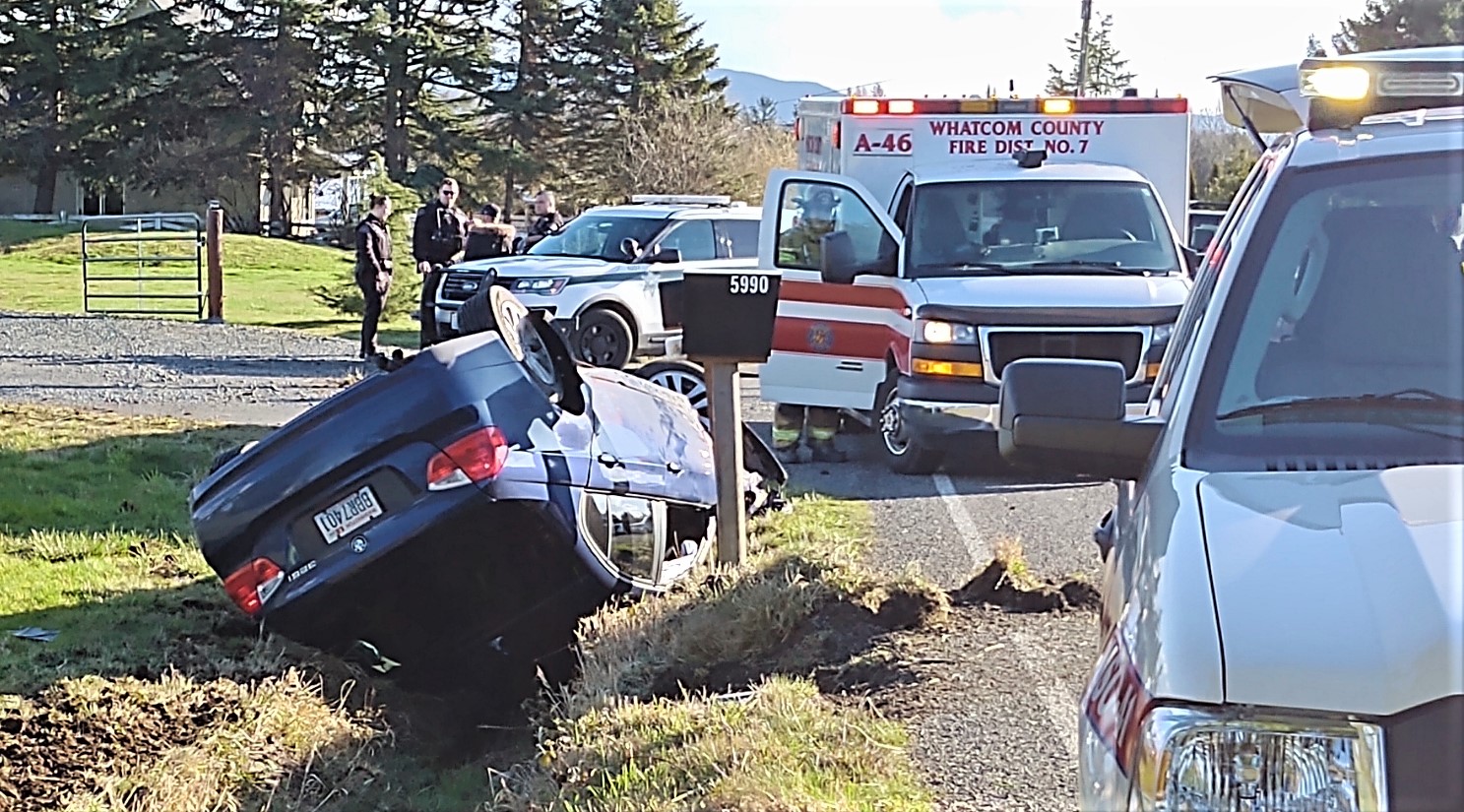 Scene of a single vehicle rollover crash on Elder Road (February 29, 2020). Photo: My Ferndale News