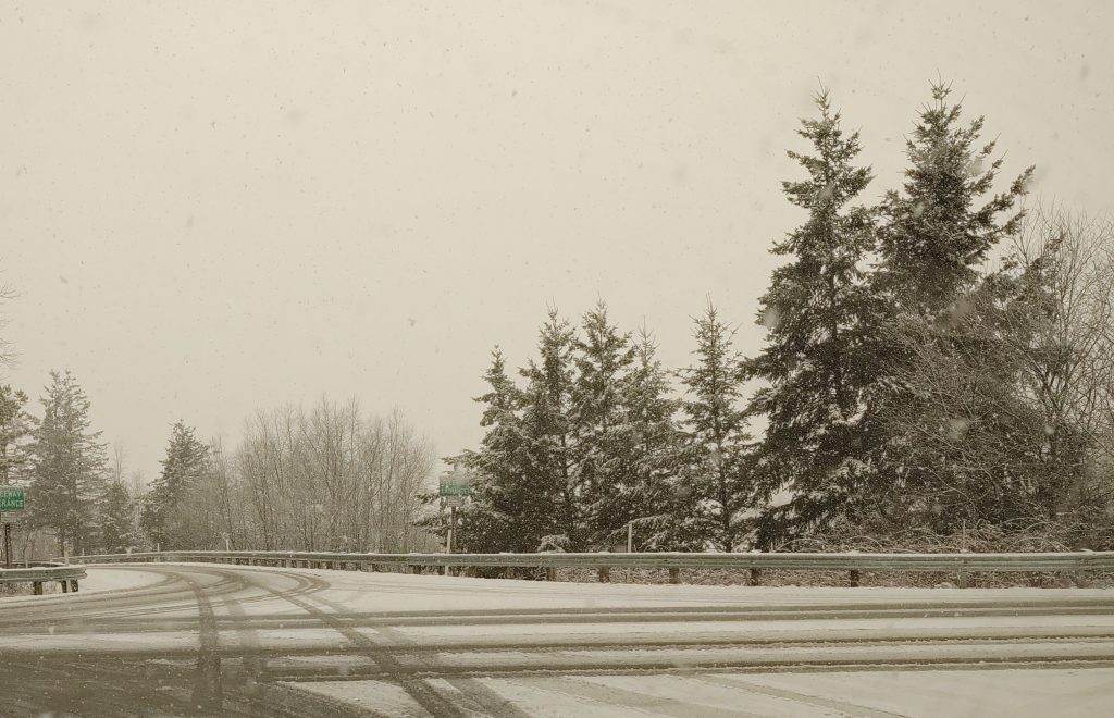 Compact snow and slush can be seen on the roadway at the Grandview Road and I-5 interchange (February 4, 2020). Photo: Whatcom News