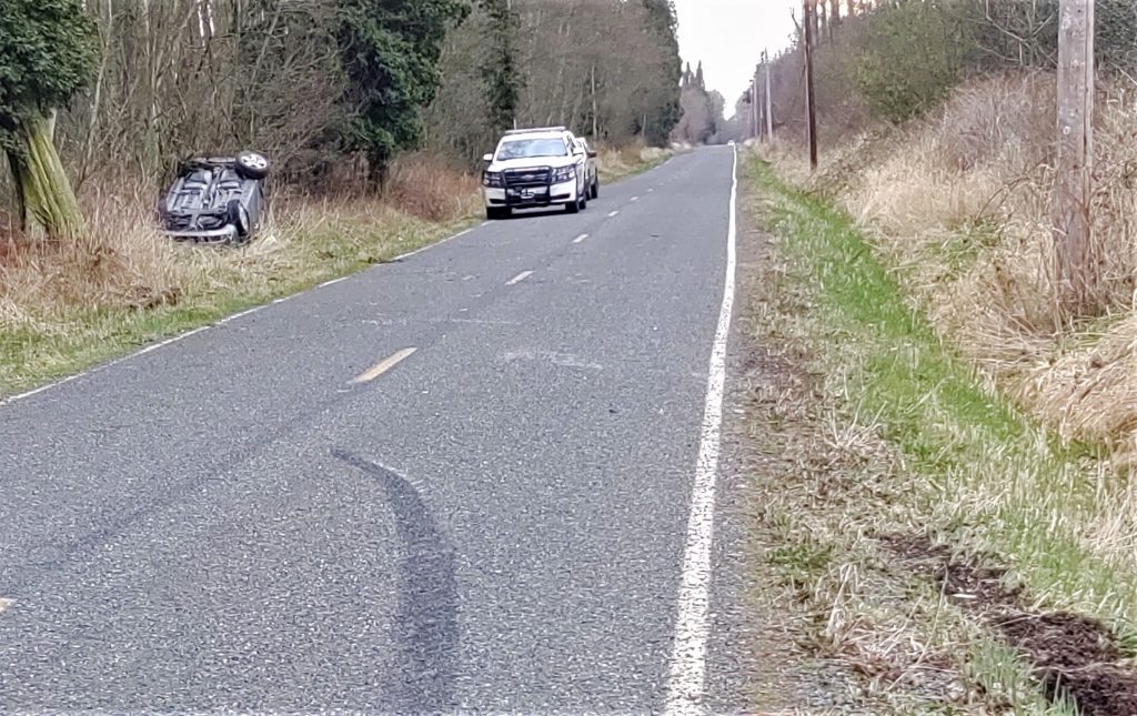 Scene of a single-vehicle rollover crash on Henry Road (March 29, 2020). Photo: My Ferndale News