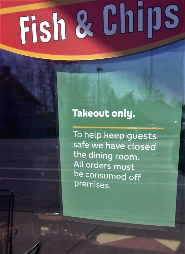 Sign in the window at Eagle's Roost restaurant announces only take-out orders are available (March 16, 2020). Photo: My Ferndale News