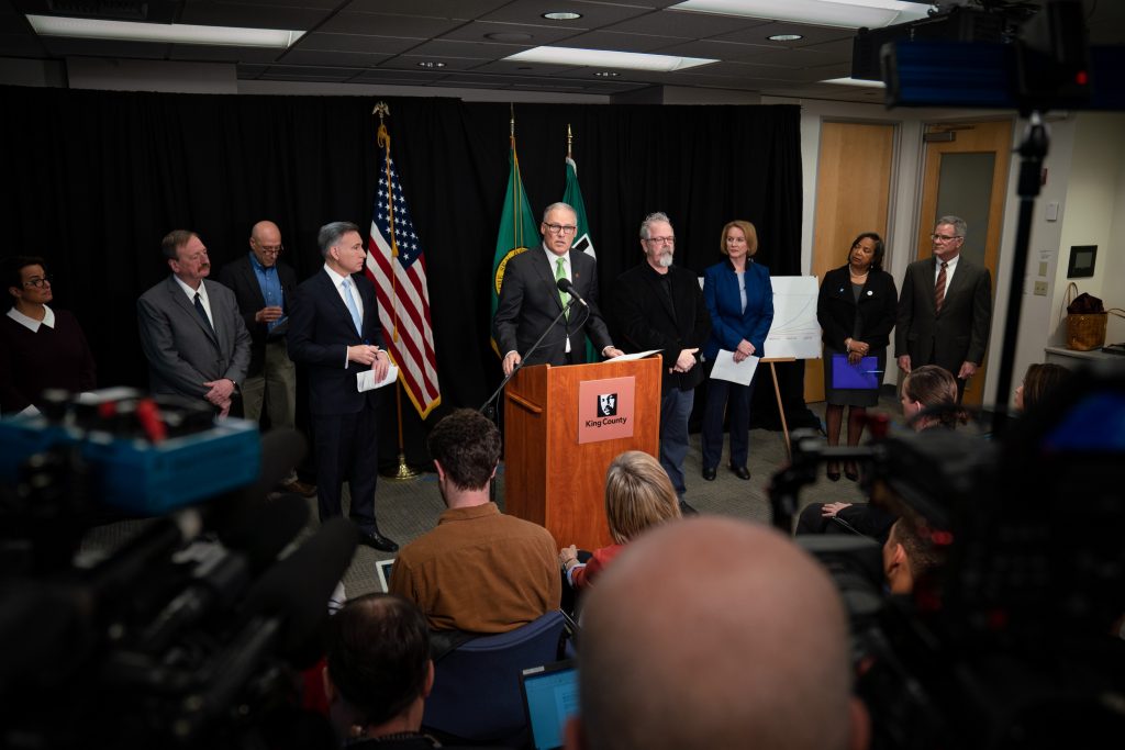Gov. Jay Inslee at a news conference in Seattle regarding COVID-19 exposure (March 11, 2020). Photo: Office of the Governor