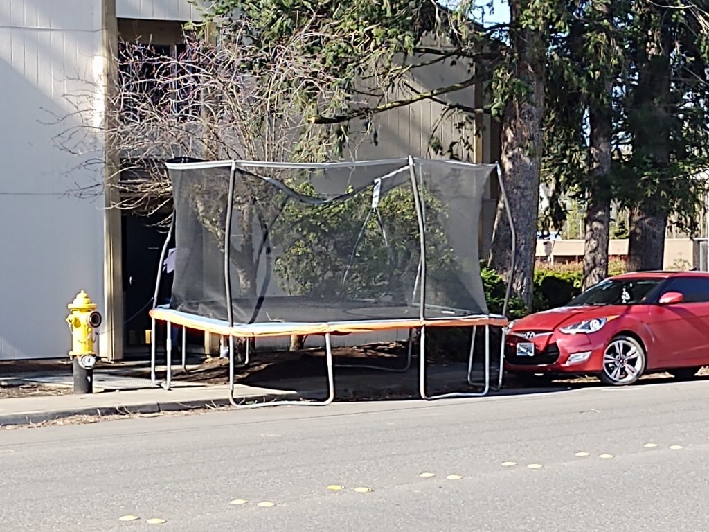Powerful winds dropped a large trampoline in a parking space on Vista Drive (March 14, 2020). Photo: My Ferndale News
