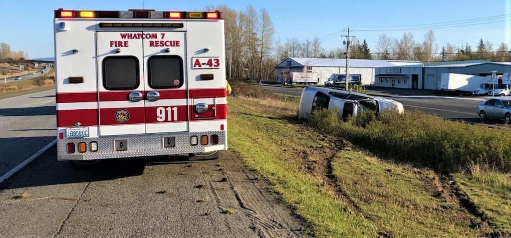 Scene of a rollover crash on southbound I-5 south of the Main Street interchange (April 9, 2020). Photo: Courtesy of WCFD7