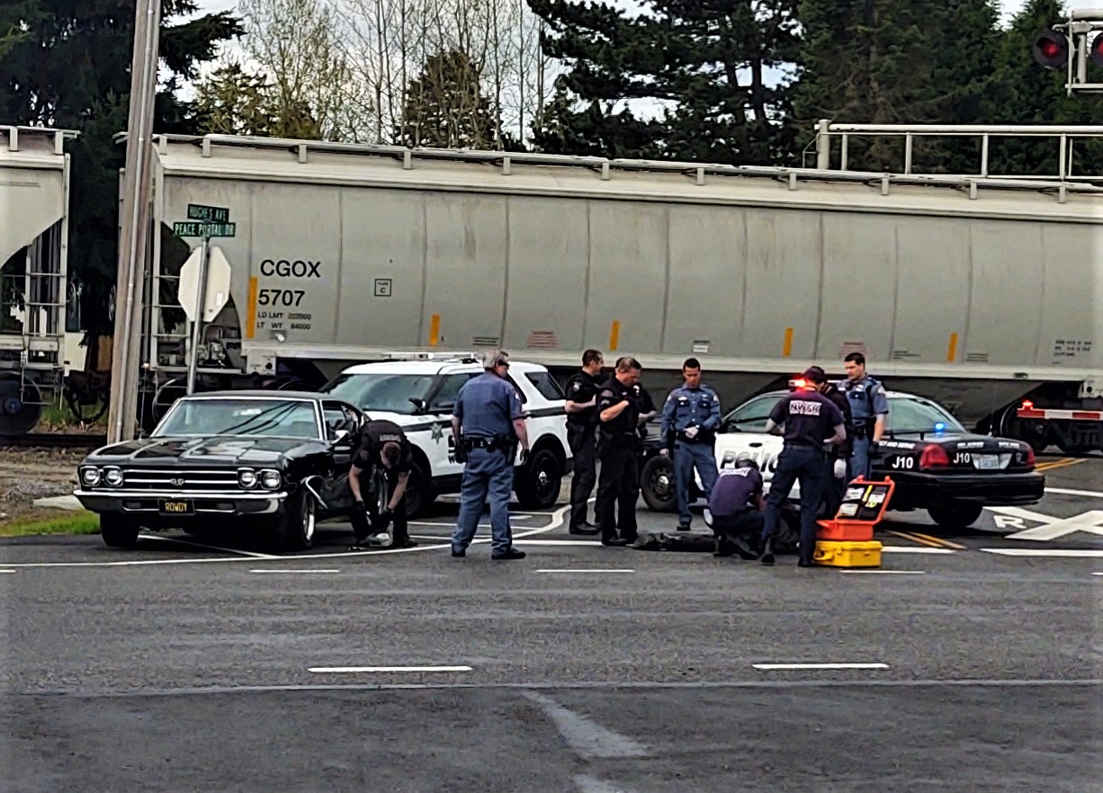 North Whatcom Fire & Rescue aid crew tend to a stolen car suspect as law enforcement look on after using a pit maneuver stopped the car in Blaine (April 19, 2020). Photo: My Ferndale News