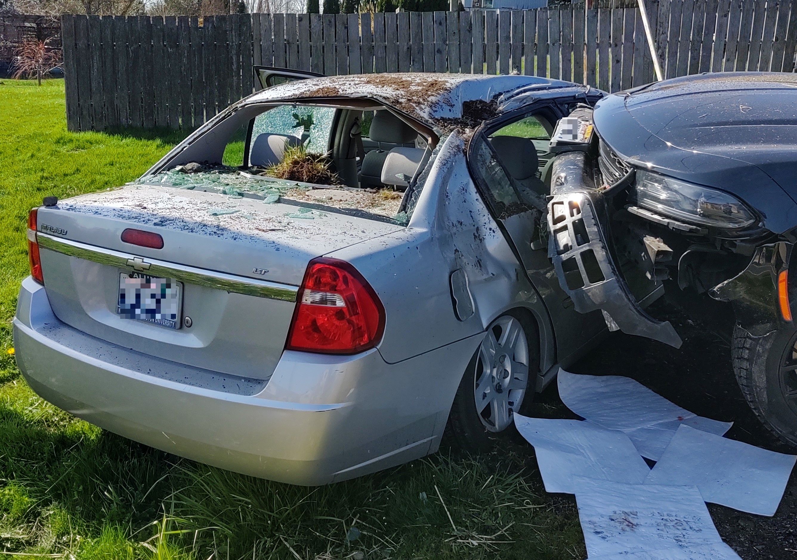 Scene of a car vs parked car crash on Thornton Street near Malloy Avenue (April 6, 2020). Photo: My Ferndale News