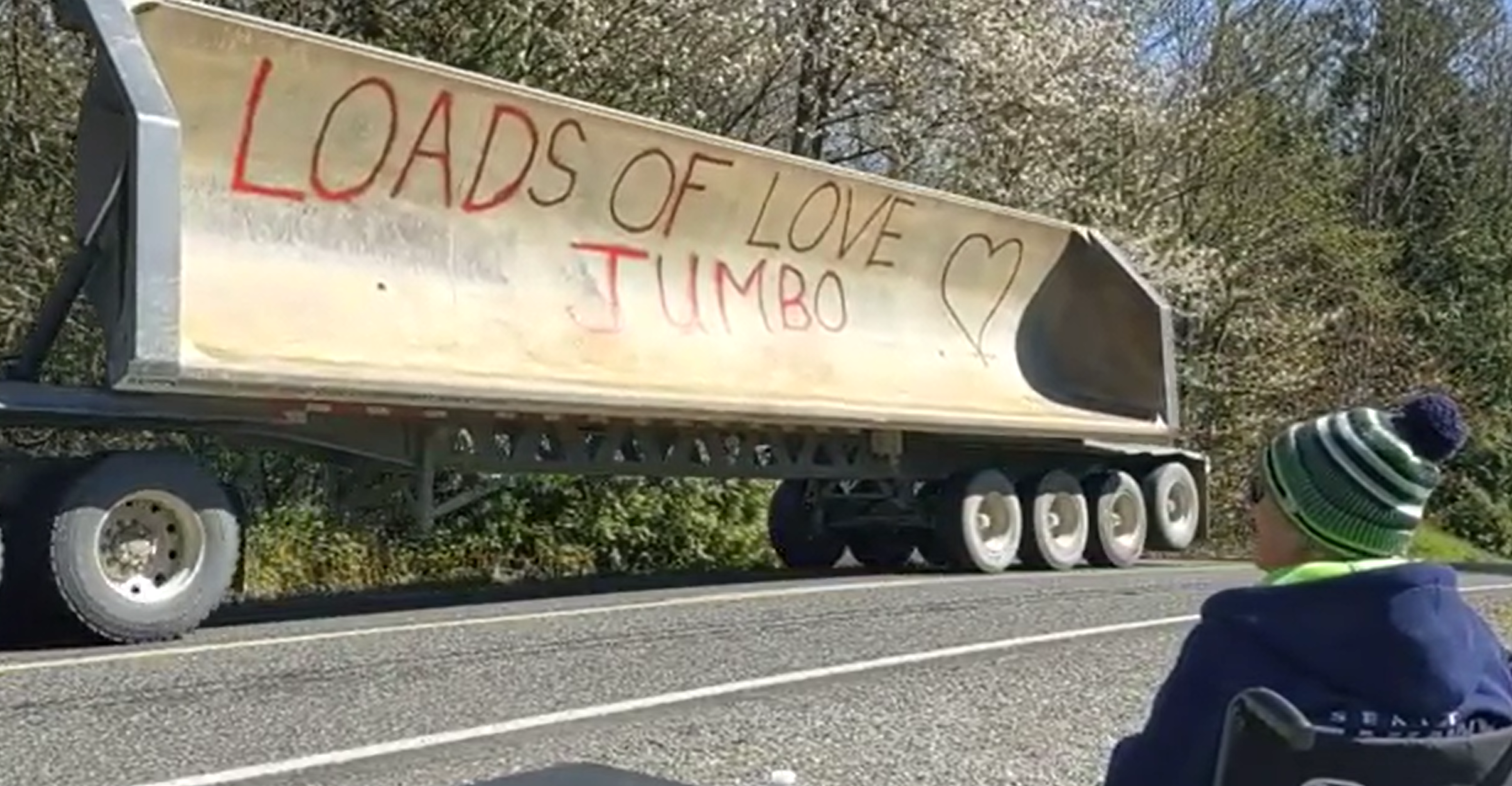A side dump trailer carries a message for Steve Nicolaas during a parade in his honor (April 11, 2020). Photo: My Ferndale News