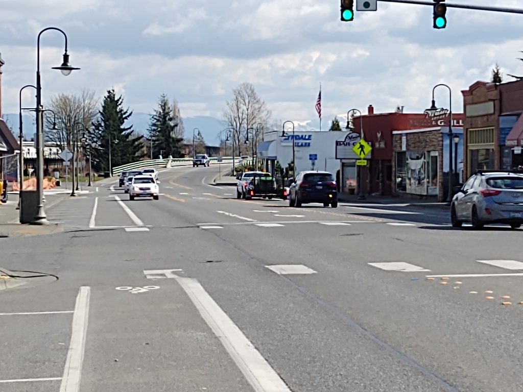 Lots of open parking spots and light traffic on Main Street at 2:30pm on a Saturday during the initial stay at home order by Governor Inslee and resulting business closings (March 25, 2020). Photo: My Ferndale News