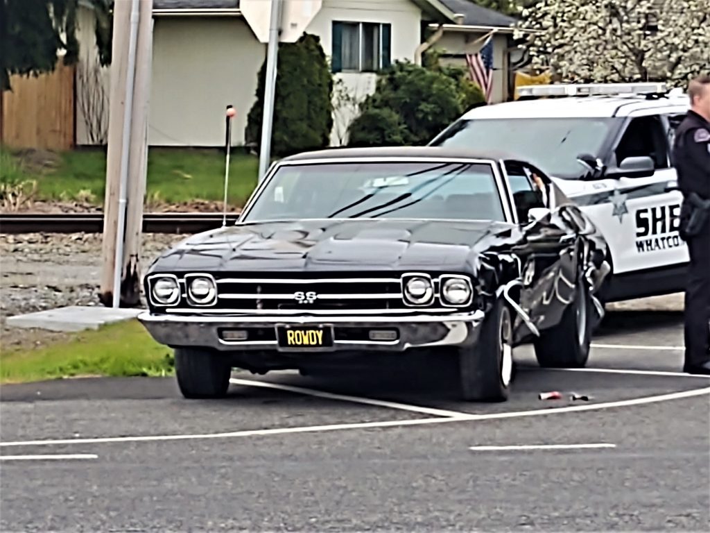 Front of a reported stolen car after colliding with at least 1 civilian vehicle and a pit maneuver stopped it in Blaine (April 19, 2020). Photo: My Ferndale News