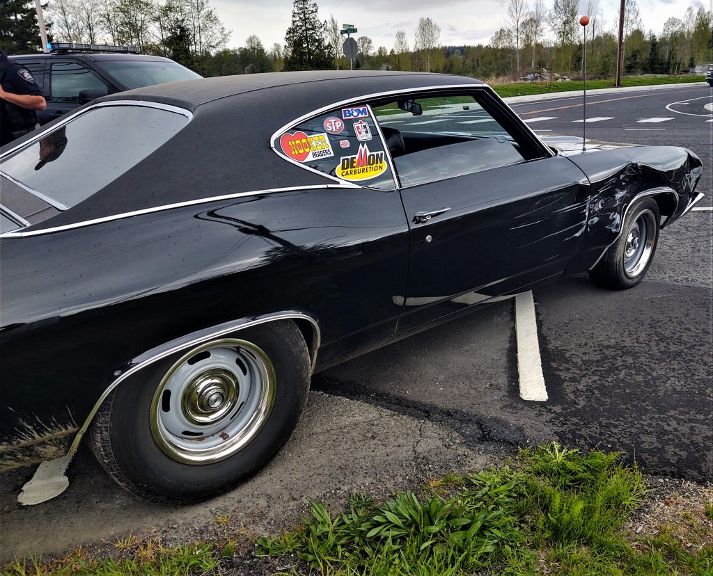 Right side of reported stolen car after colliding with at least 1 civilian vehicle and a pit maneuver stopped it in Blaine (April 19, 2020). Photo: My Ferndale News