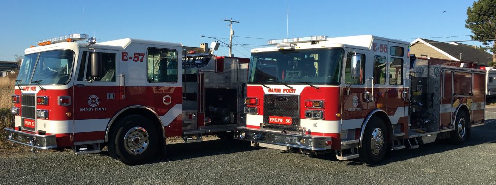 Whatcom County Fire District 17 fire engines, 1 refurbished (E-57) and 1 new (E-56) (April 19, 2020). Photo courtesy of WCFD17
