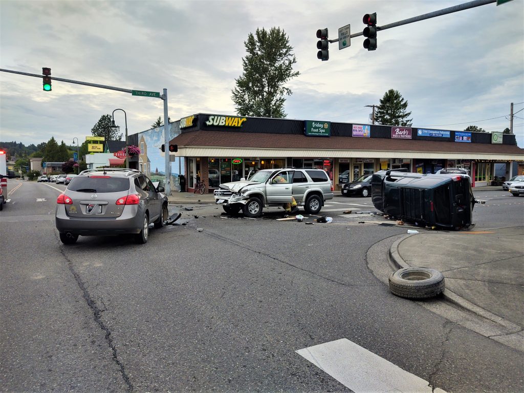Scene of a 3-car rollover crash at Main Street and 3rd Avenue (May 24, 2020). Photo: My Ferndale News
