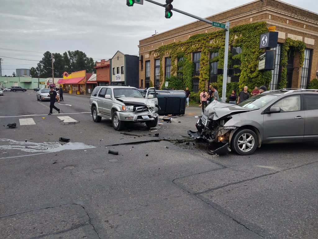 Scene of a 3-car rollover crash at Main Street and 3rd Avenue (May 24, 2020). Photo: My Ferndale News