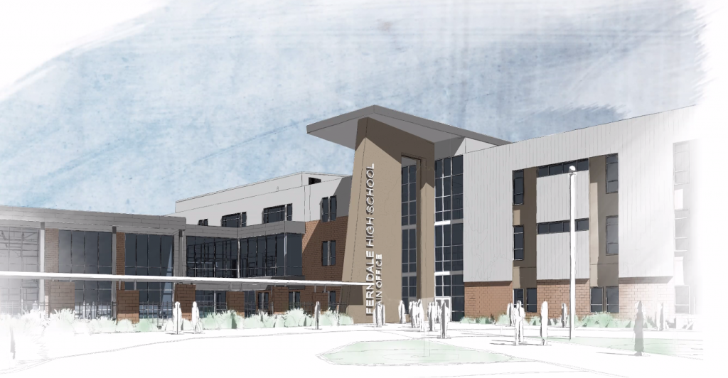 Preliminary design rendering of the proposed Ferndale High School replacement buildings (May 26, 2020). Source: Dykeman Architects