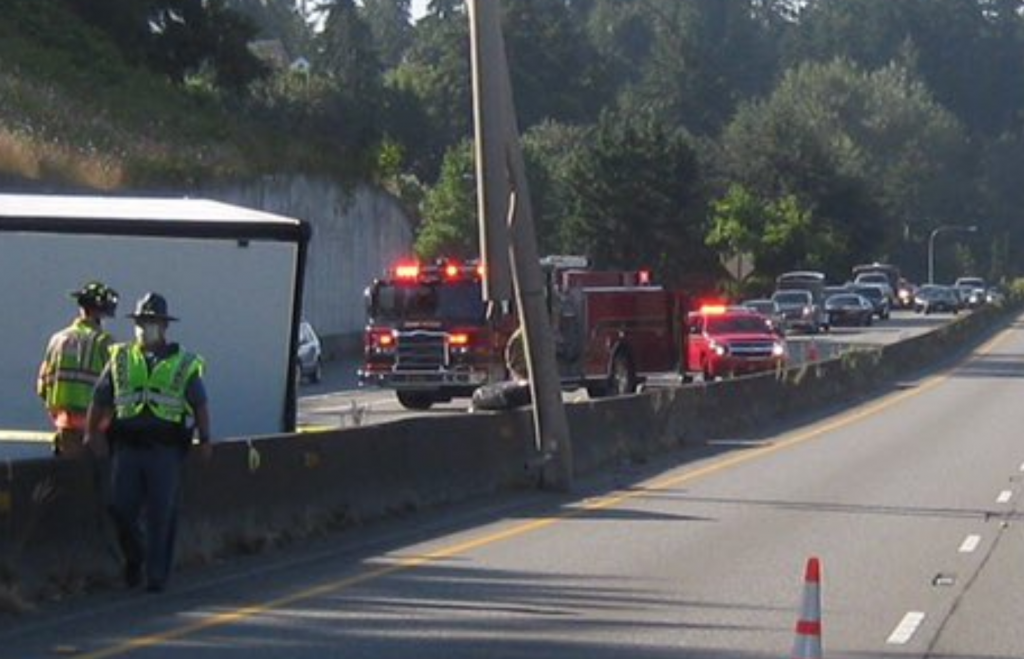 A crash in the northbound lanes of I-5 damaged a structure over the southbound lanes through Mt Vernon forcing the closure of the lanes (July 25, 2020). Photo courtesy of WSP