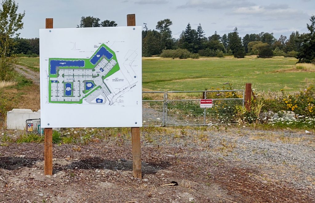 Sign showing the preliminary landscape plan for Riverplace Development posted at the site (August 11, 2020). Photo: My Ferndale News