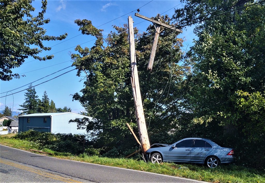 Scene of car vs pole crash on Douglas Road (August 29, 2020). Photo: My Ferndale News