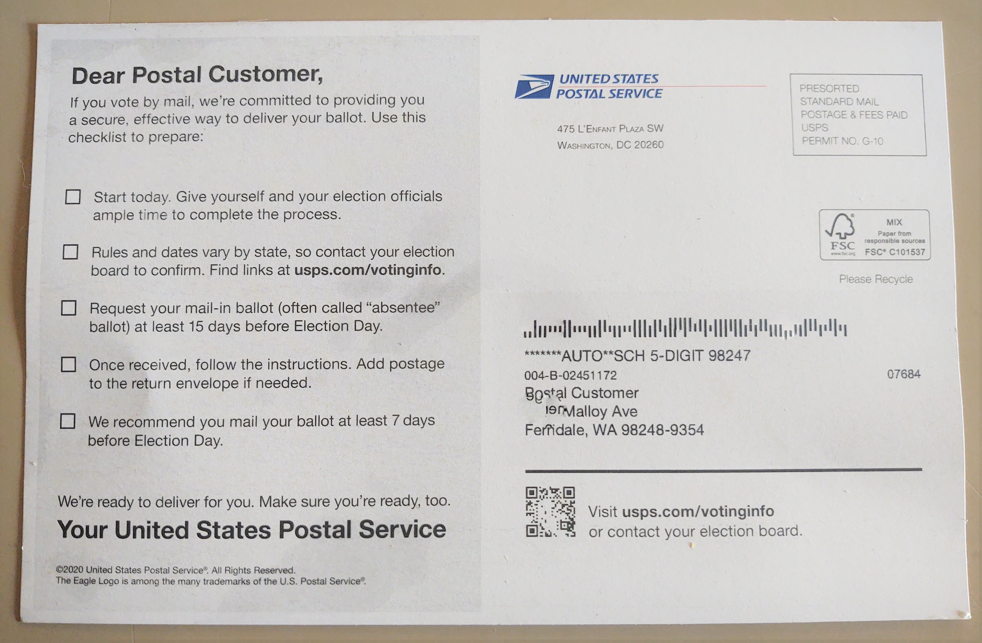 Pre-election USPS postcard mailer (September 14, 2020). Photo: My Ferndale News