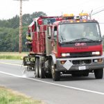 Whatcom County Public Works crew applies fresh striping to Slater Road (August 8, 2019). Photo: My Ferndale News