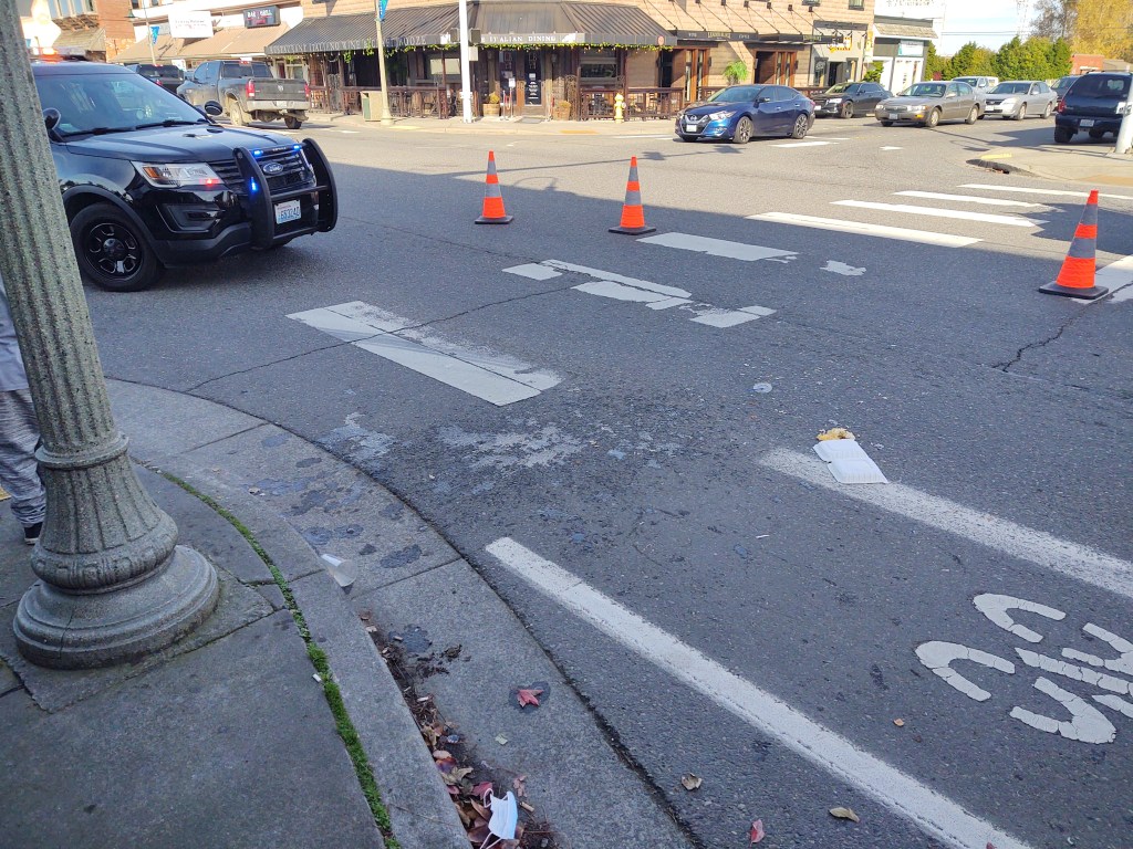 A spilled to-go container marked the scene of a car versus pedestrians incident at 2nd Avenue and Main Street (October 31, 2020). Photo: My Ferndale News