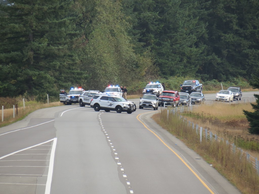 Northbound I-5 lanes closed just south of the Grandview interchange during a nearby law enforcement incident October 20, 2020). Photo: My Ferndale News