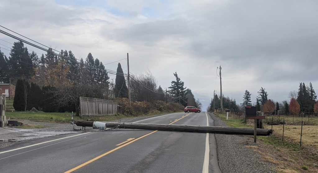 1 of the 2 downed power poles lies across Mountain View Road after falling during a windstorm with gusts over 50mph (November 17, 2020). Photo courtesy of Tatiana Stone