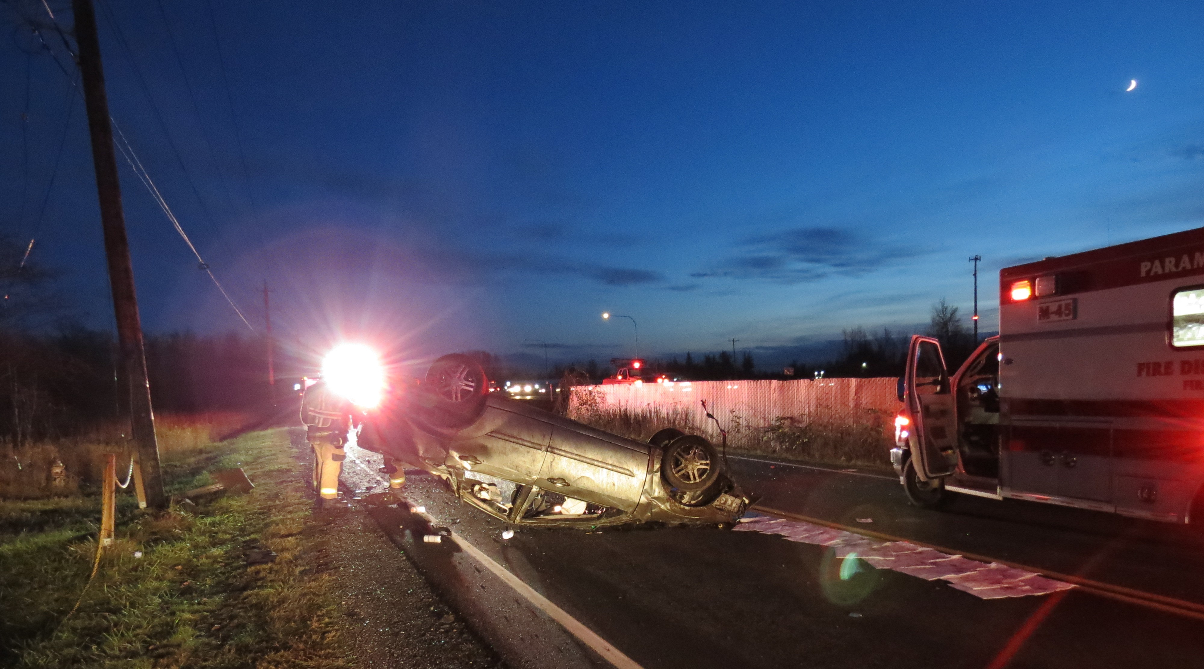 Scene of a rollover crash involving a passenger vehicle that was northbound on I-5 and ended up on its top on Barrett Road (December 17, 2020). Photo: My Ferndale News