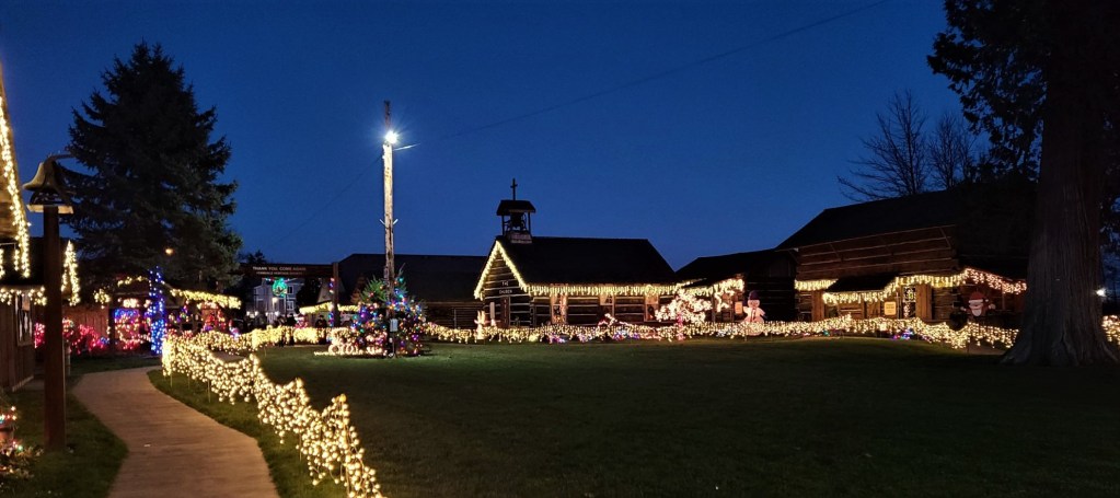 Pioneer Park lighted cabins during the Lighted Christmas Stroll event (December 2020). Photo: James Greenke