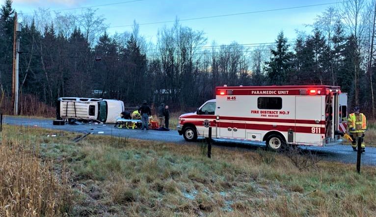 Rollover crash on I-5 during hailstorm that ended up on Creasy Road (December 11, 2020). Photo courtesy of WCFD7