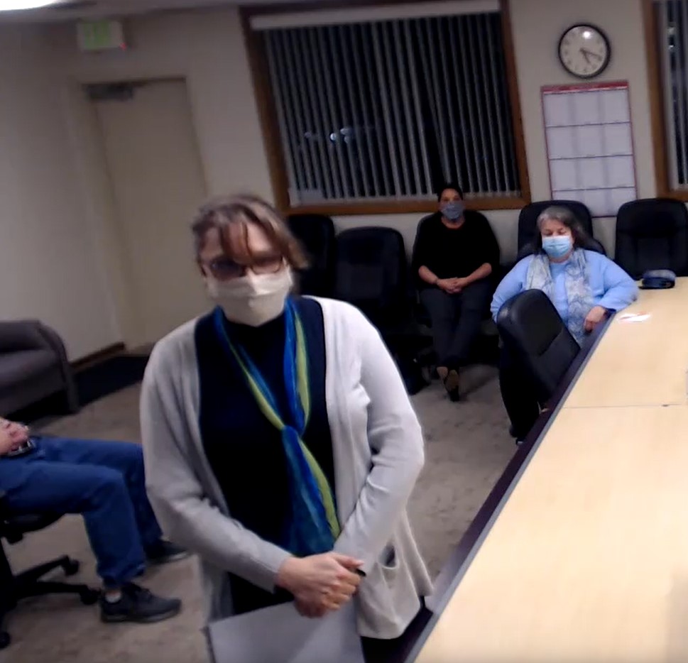 Maralise Fegan speaks remotely to the sitting council members prior to them voting on a replacement for retiring councilmember Ramon Llanos (January 4, 2021). Screen cap of remote video conference meeting.