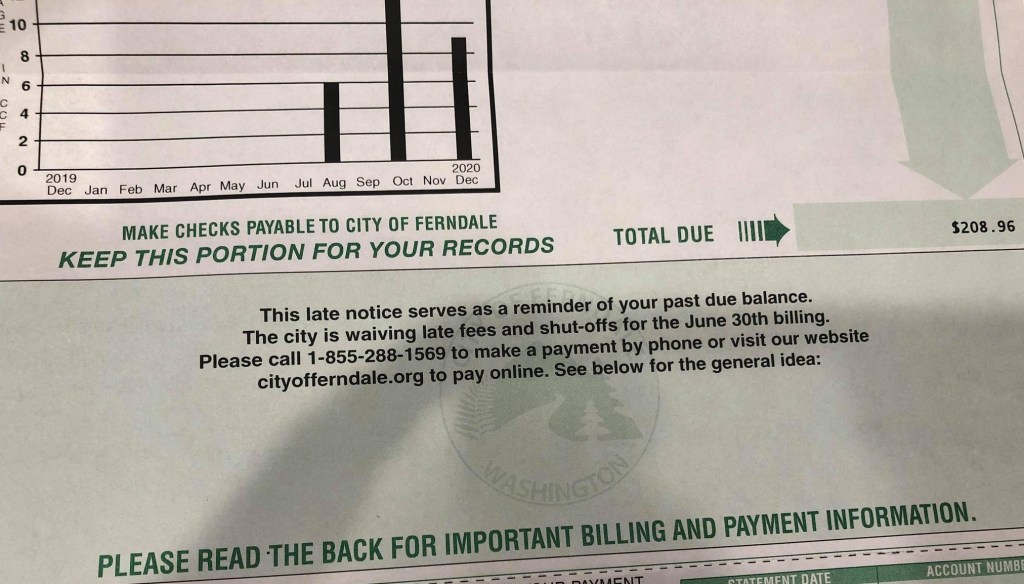 Example of Ferndale utility invoice with errant "Late Notice" message (January 7, 2020). Source: City of Ferndale