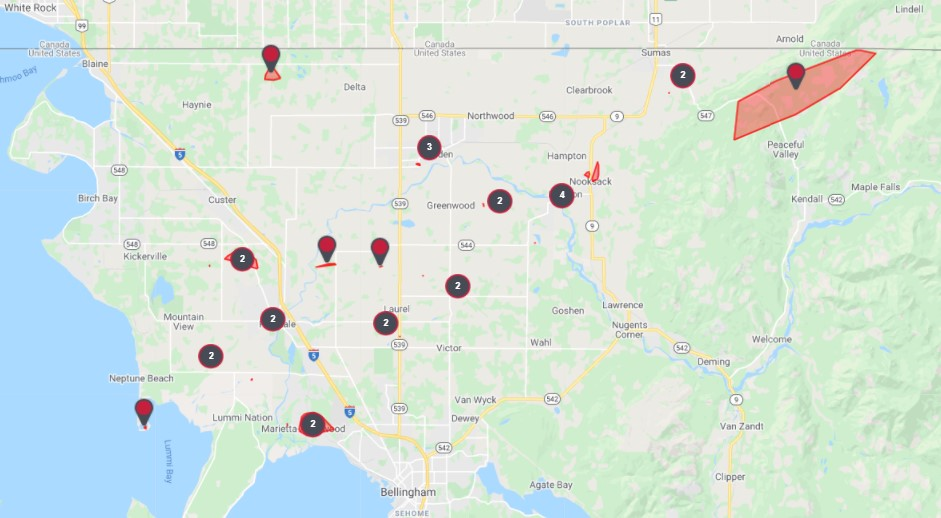 Power outage map. Source: Puget Sound Energy (February 11, 2021 1pm)