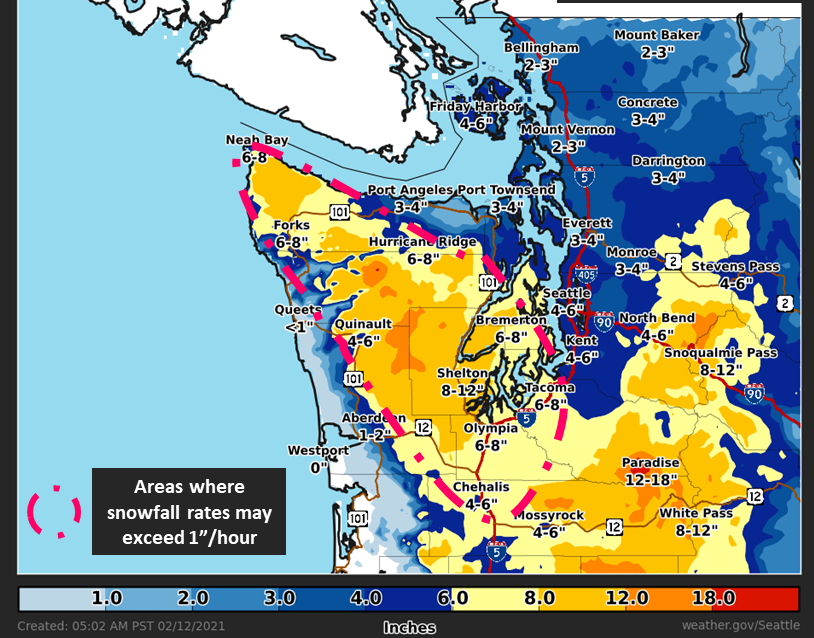 Western Washington snow forecast for February 12th through February 13th morning. Source: National Weather Service Seattle