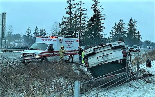 Scene of a rollover crash on I-5 (February 15, 2021). Photo courtesy of WCFD7