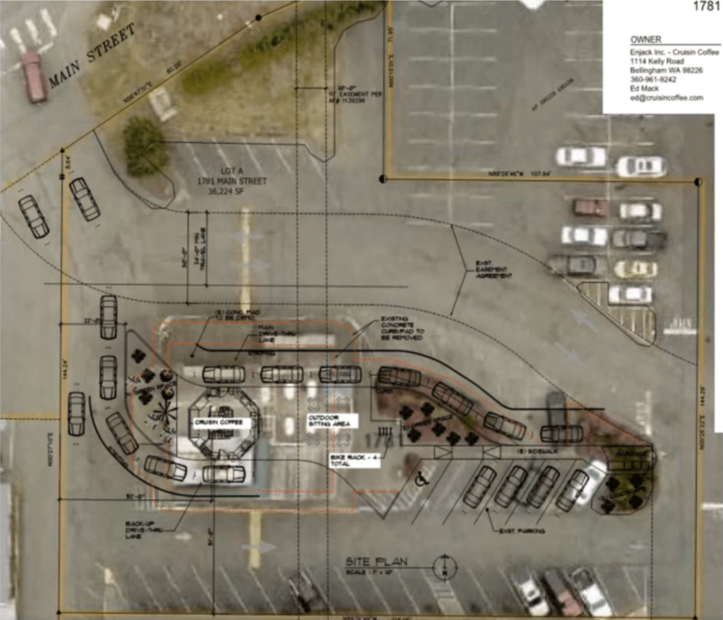 Preliminary site plan superimposed over a old satellite image presented to Ferndale City Council by City staff for drive-through espresso business (March 15, 2021). Source: City of Ferndale