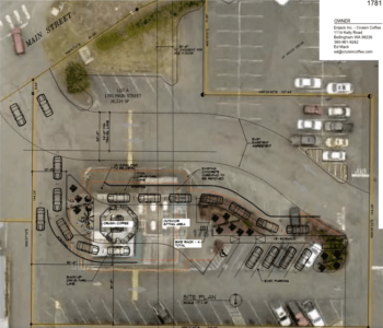 Preliminary site plan superimposed over a old satellite image presented to Ferndale City Council by City staff for drive-through espresso business (March 15, 2021). Source: City of Ferndale