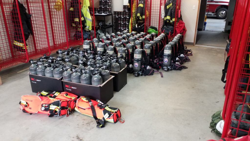 New SCBA apparatus along with additional tanks and RIT packs (March 2021). Photo courtesy of WCFD14